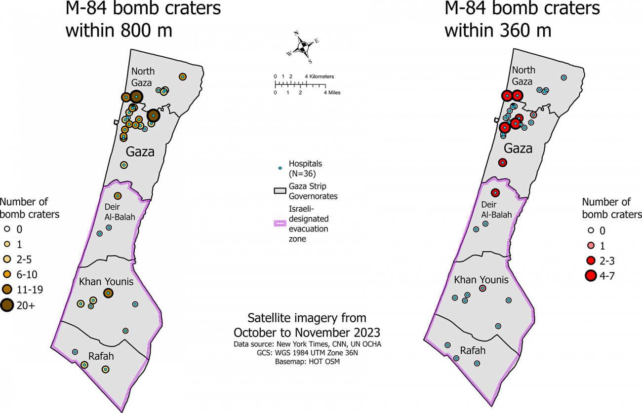 38 bombas M-84 habían detonado a menos de 800 m de centros hospitalarios